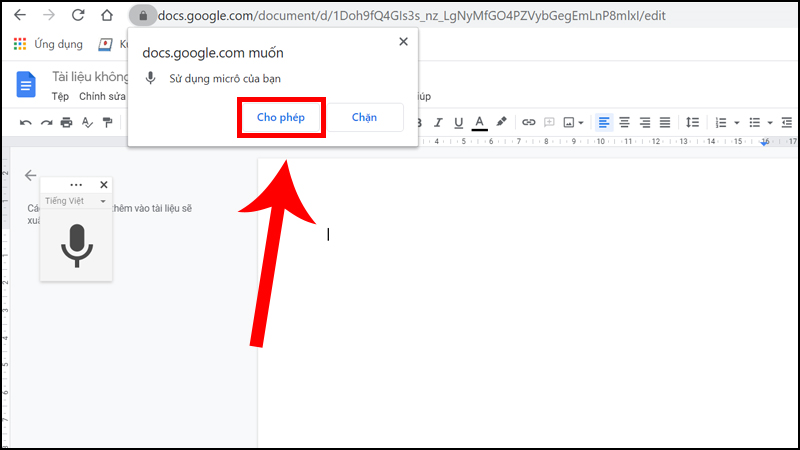 Chọn Cho phép để Google Docs truy cập vào micro của bạn